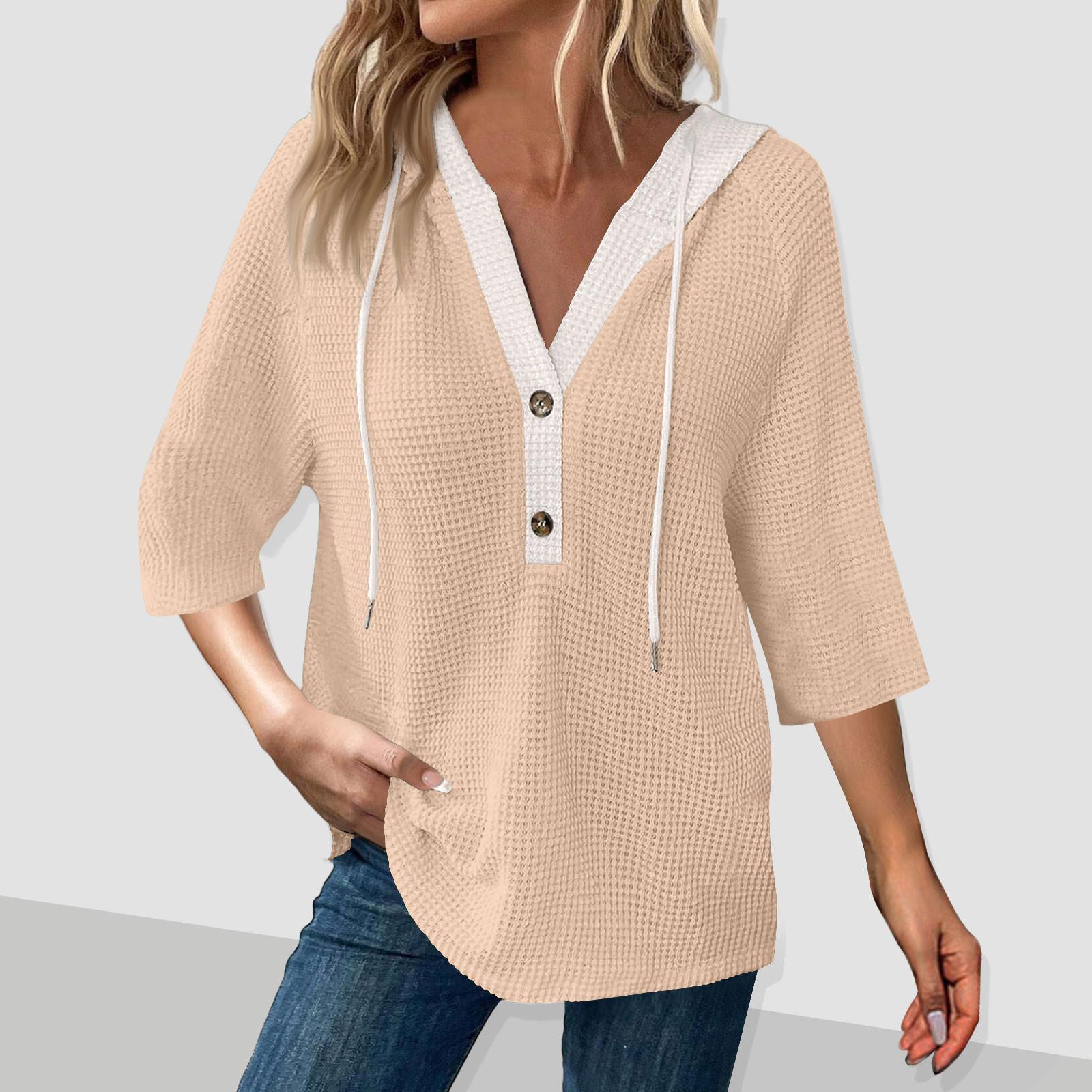 Женская мода цвет блок рукава капюшон пуговицы V-образный вырез повседневный капюшон толстовка топ M хаки 1950₽