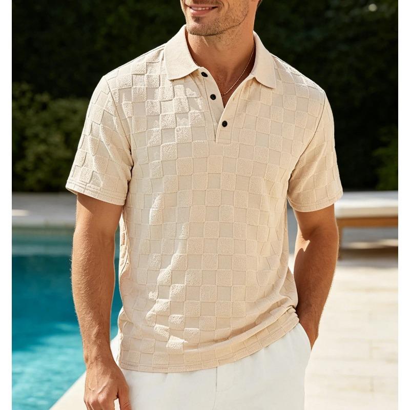 Mens Casual Check Jacquard Short Sleeve Collared Polo Shirt Breathable Loose Summer T-Shirt
