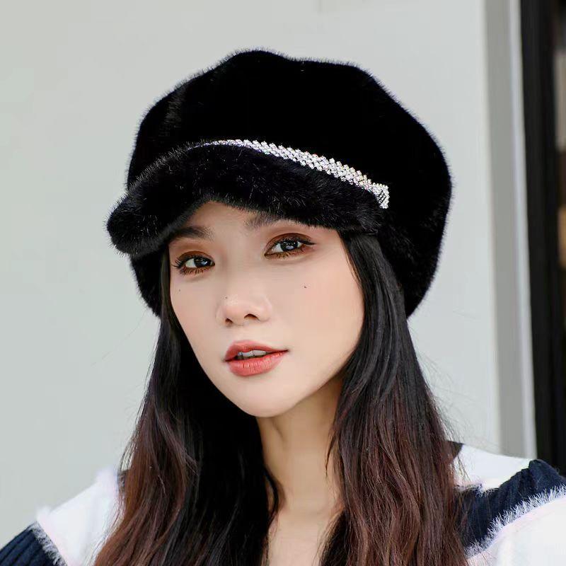 Artificial Fur Women's Velvet Hat Winter Outdoor Travel Warm Hat Faux Fur Duckbill Hat Noble Temperament Fashion Faux Mink Fur with Brim Beret