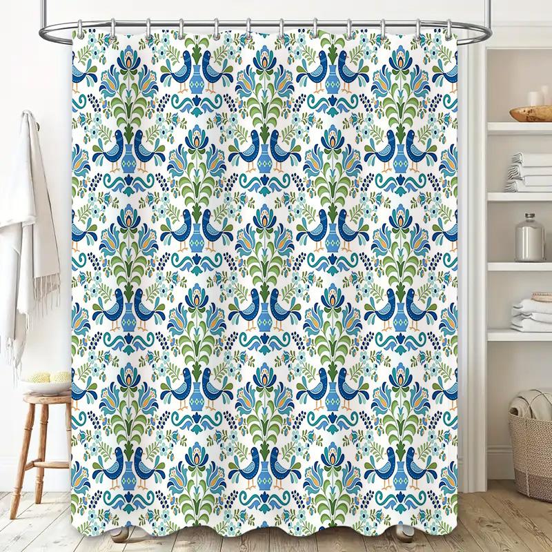 Floral Shower Curtain Botanical Pattern Blue Green Nature Home Decor Bathroom Fabric Waterproof Vintage Style Farmhouse Aestheti