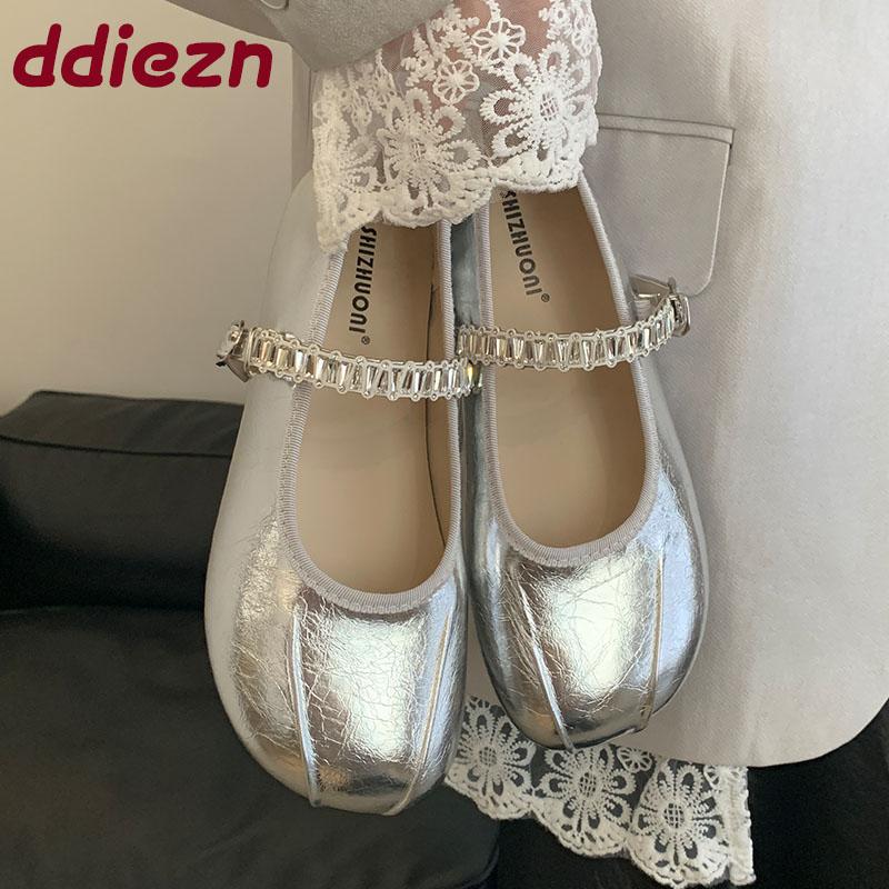 Fashion Luxury Fashion Rhinestones Women Ballet Flats Dance Shoes Round Toe Female Soft Footwear Shallow Ladies Mary Janes Flats Shoes