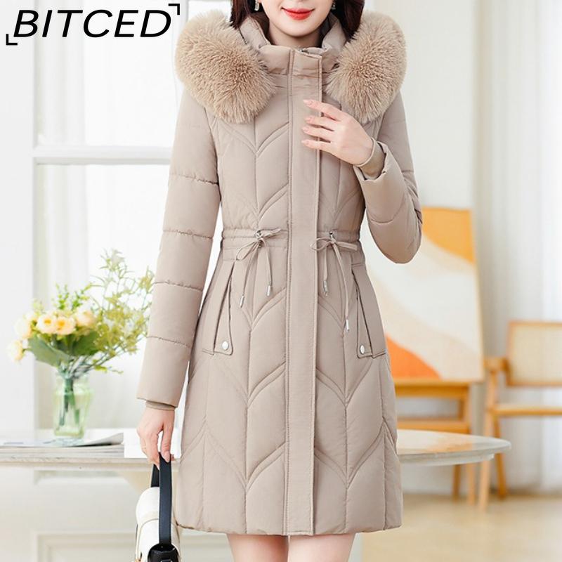 

BITCED Winter Women s Mid-Length Slim-Fit Cotton Coat with Large Fur Collar Down-Filled Quilted Jacket L хаки