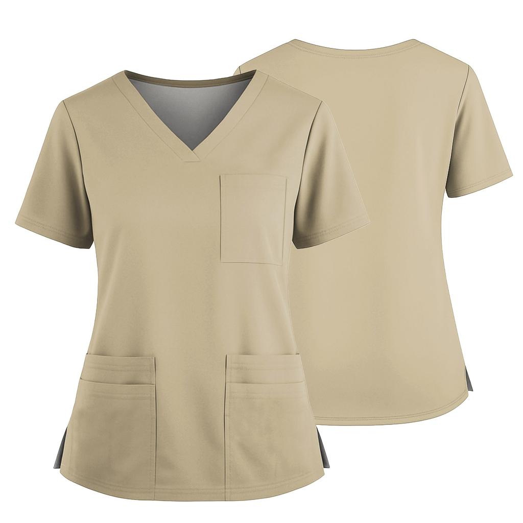 Women's Uniform Solid Color V-Neck Pocket Side Slit Uniform Short Sleeved Top Top