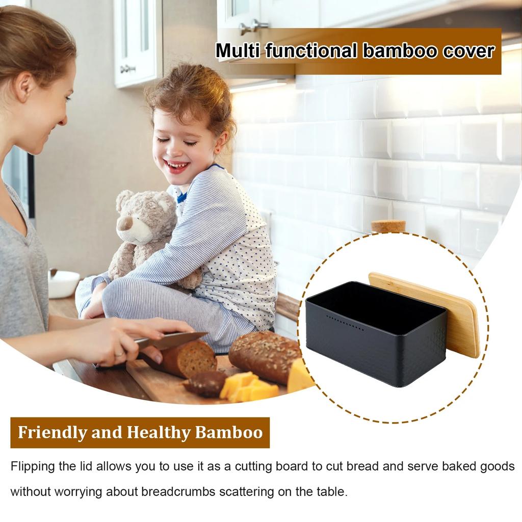 Bread Box With Wooden Lid For Kitchen Countertop - Spacious Container Stores Bread - Quality Cutting Board Lid Keeps Loaf Fresh