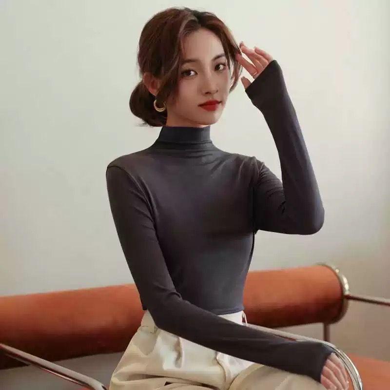 2025 Slim Fit High Neck Long Sleeve Top - Stylish and Versatile for Autumn/Winter in Black