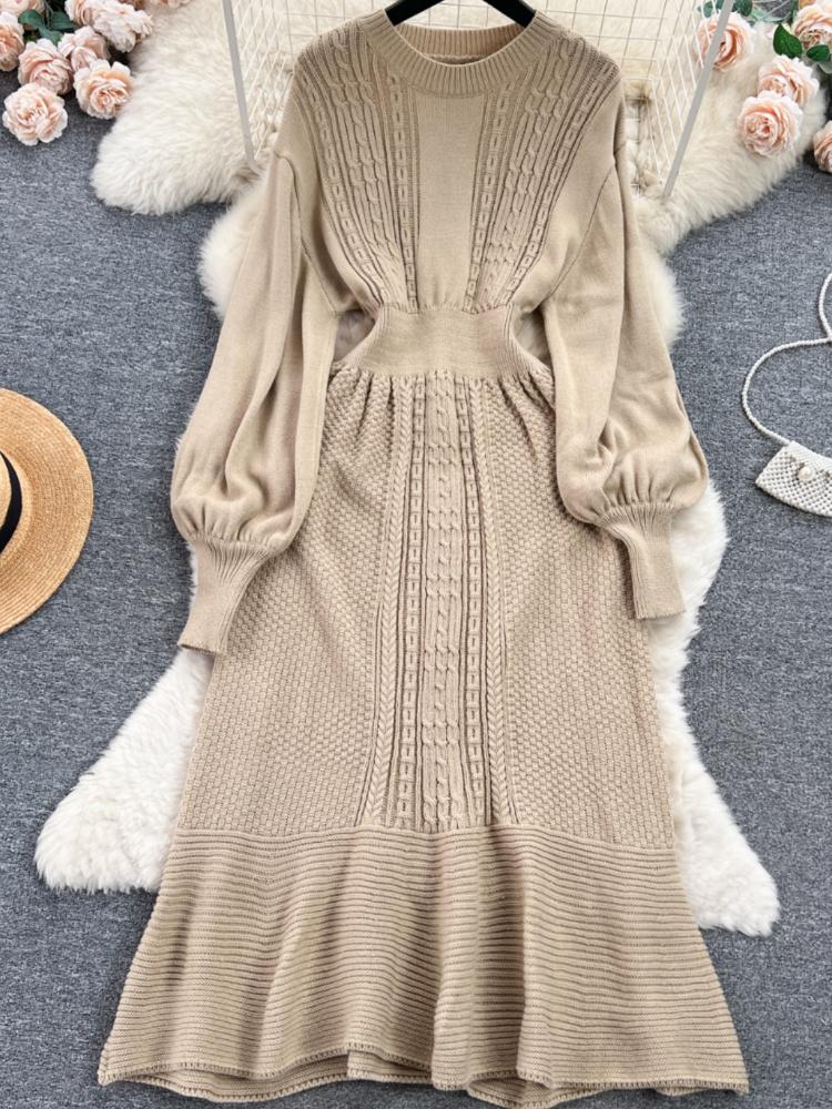 Jesień Francuski Retro Dzianinowa Elegancka Długa Sukienka Kobiety Design O-neck Długi Rękaw Sukienki Damska Moda Casual Jednolita Wąska Odzież