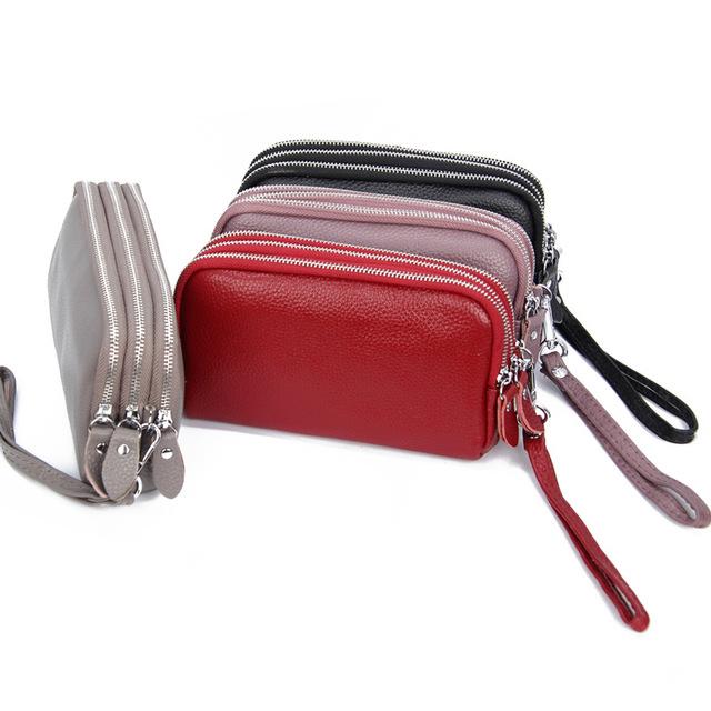 NIGEDU Long Women Wallet Genuine Leather 3 layers Zipper Wristlet Bag Big Capacity Lady Clutch Coin Purse Mobile phone bag black