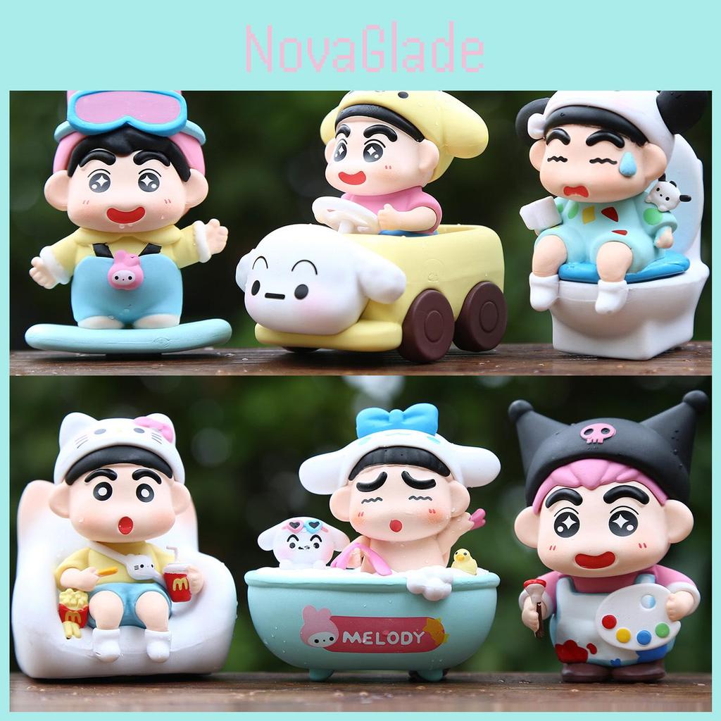 6pcs Crayon Shin Chan Bathing Driving Scene Model Ornament Set For Collectors And Kids