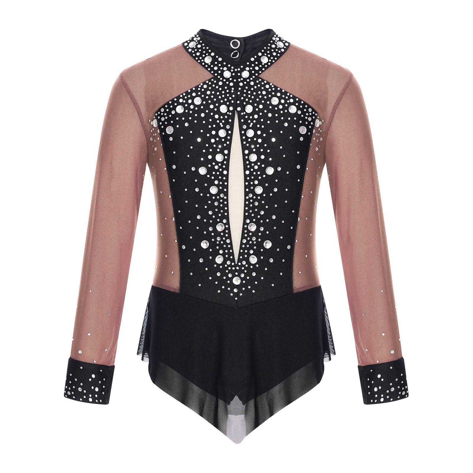 

Дівчачий блискучий леотар зі стразами, кольоровий блок, прозора сітка, печворк, боді зі спідничкою для танців, фігурного катання, художньої гімнастики, виступів 15-16 Years коричневий