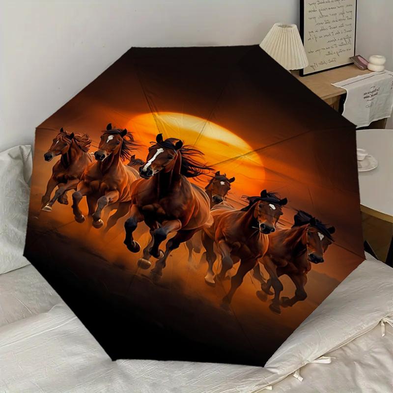 Galloping Horses Sunset Scene Automatic Opening/Closing Umbrella - Portable Folding Design, 8-Bone Iron Frame Outdoor Umbrella, Ideal Gift f
