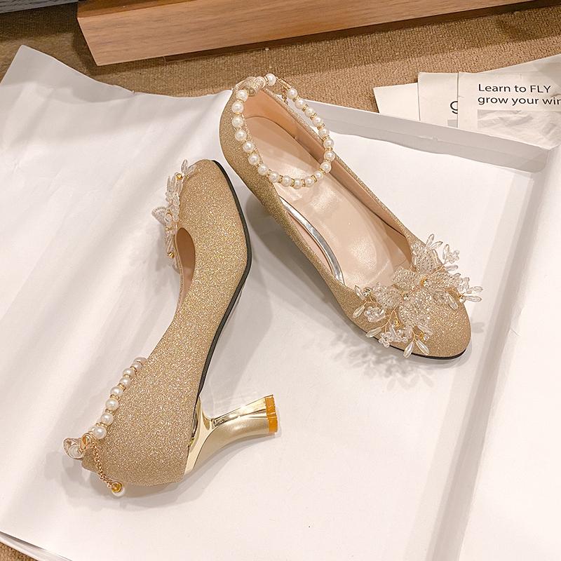 Women Pumps New Fashion Pointed Metal Beaded Solid Heels Women Summer Leisure Banquet Wedding High Heels Shoes Zapatos De Mujer