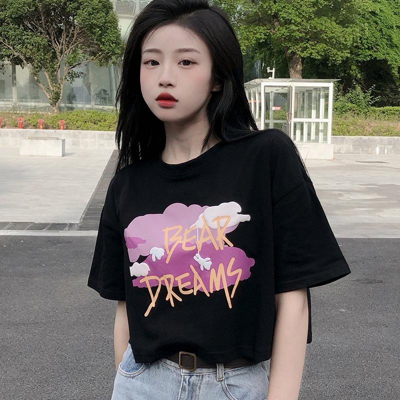 Weißes, lockeres T-Shirt für Damen im Sommer, neues, koreanisches Design mit bedrucktem Schaum, hohe Taille, kurzes Kurzarm-Oberteil