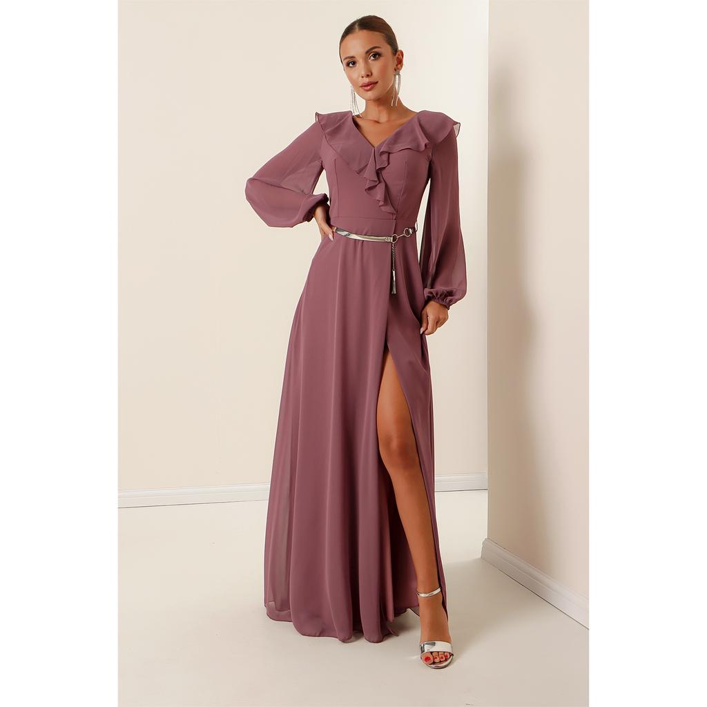 Langes Chiffonkleid mit Gürtel, Ballonärmeln und Rüschen