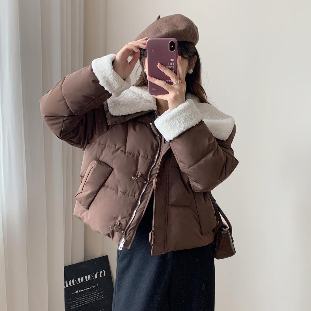 Winter 2025 new Korean lambswool patchwork warm cotton jacket women's short thickened lapel cotton jacket