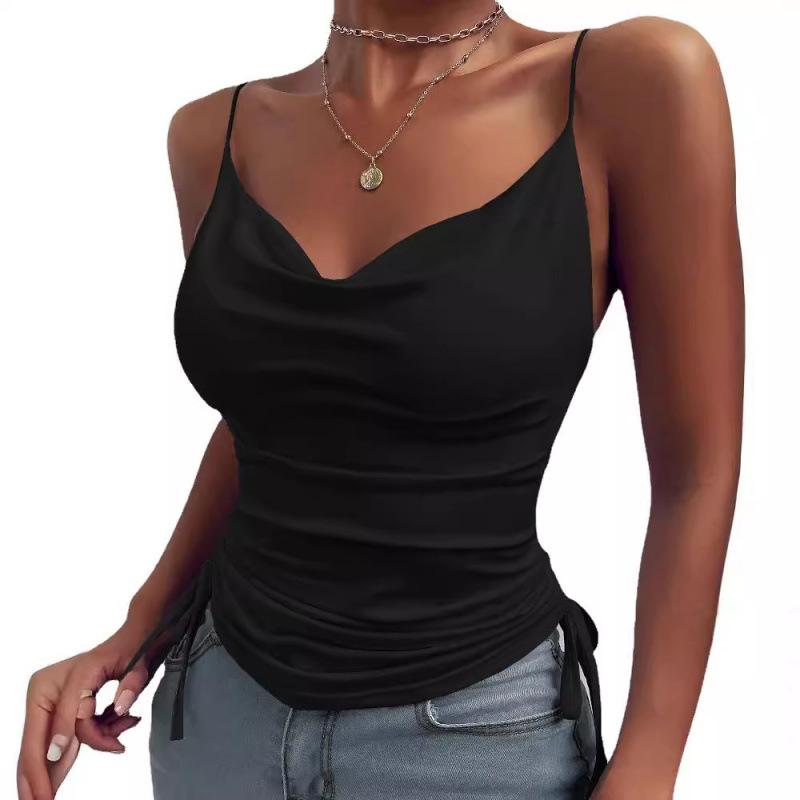 Popular European And American Summer Printing Sling Solid Color Dark V-Neck Sling Tight Drawstring Casual Small Vest