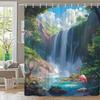 1Pc Fantasy Waterfall Shower Curtain - Vibrant Tropical Landscape With Pink Flamingo & Majestic Deer, Machine Washable Polyester
