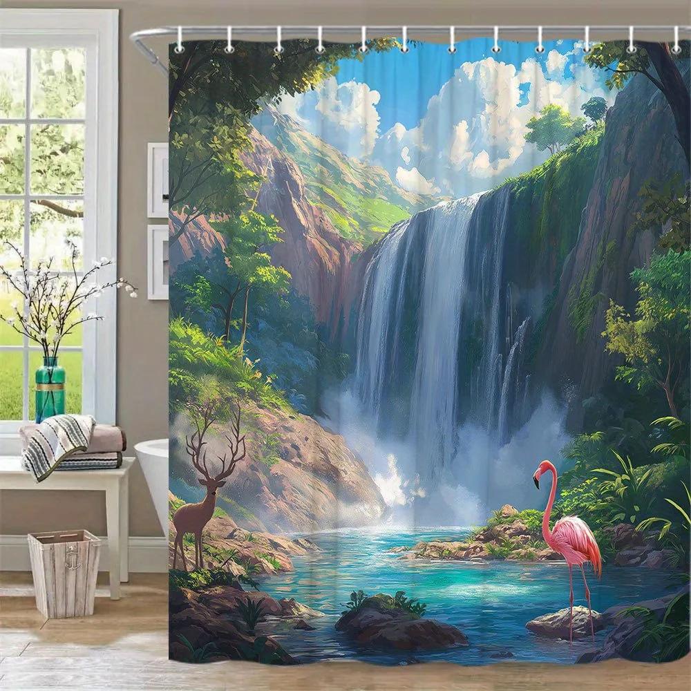1Pc Fantasy Waterfall Shower Curtain - Vibrant Tropical Landscape With Pink Flamingo & Majestic Deer, Machine Washable Polyester