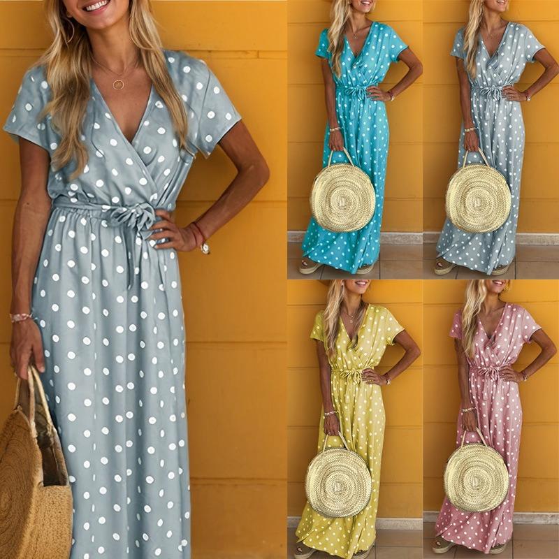 Neues sexy Maxikleid mit V-Ausschnitt und Punkten für Damen