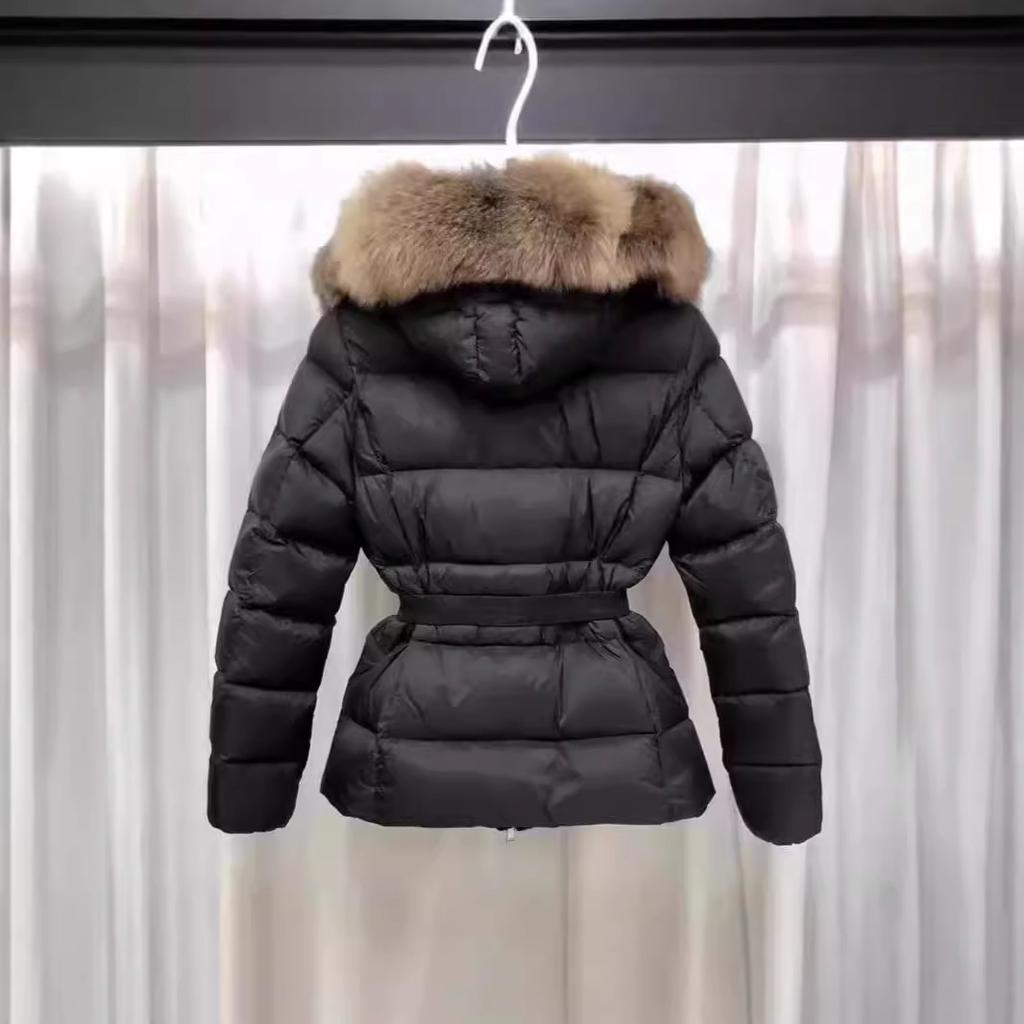 New National Standard White Duck Down Short Down Jacket Women's Clothing Waist Jacket Fox Big Fur Collar Hooded and Thin New Black
