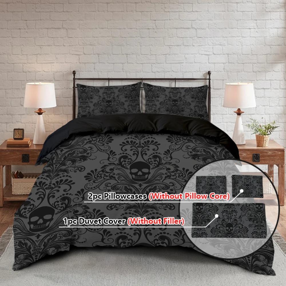 3pcs Skull Flower Duvet Set with Flower Skull Pattern Includes Suitable for All Seasons