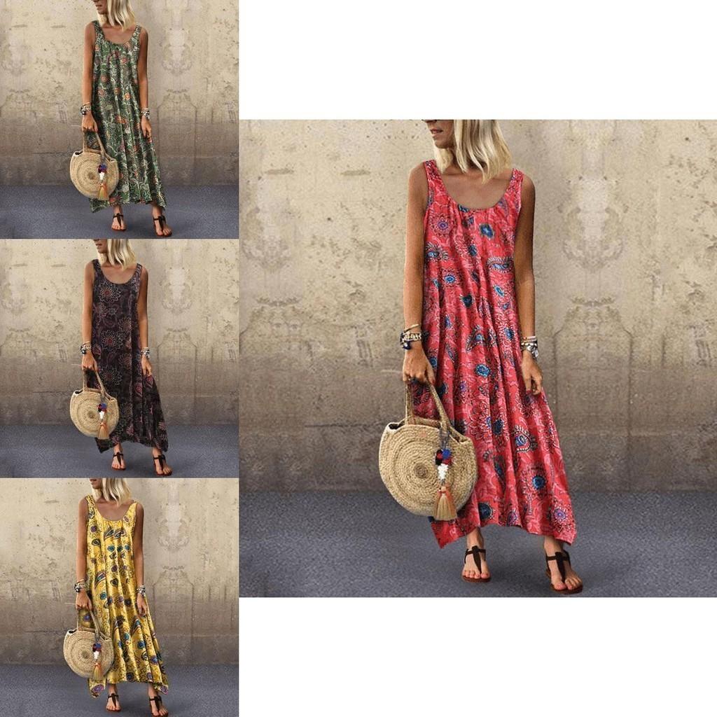 Elegant Womens Summer Sleeveless Holiday Long Boho Kaftan Tank Dress For Beach