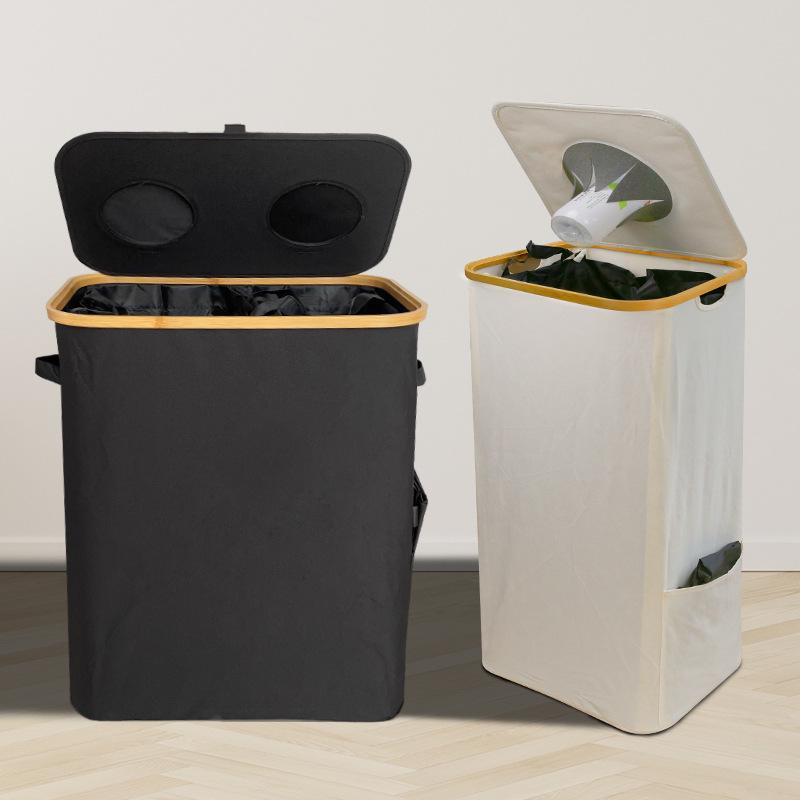 Foldable Bamboo Oxford Cloth Recycling Basket with Lid and Inner Bag