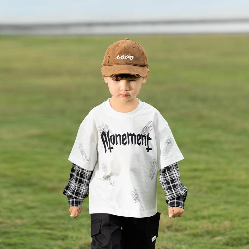 Nausicaa Spring 2025 Plaid Faux Two-Piece Letter T-Shirt for Boys – Trendy Korean Style