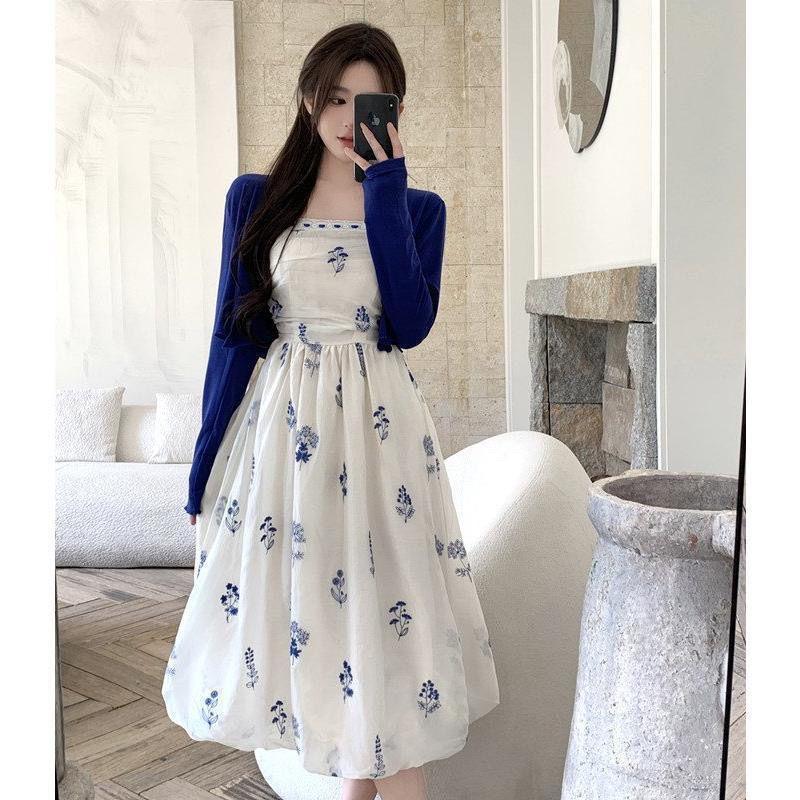 Plus Size French-Style Floral Dress & Sun Protection Cardigan Set for Women