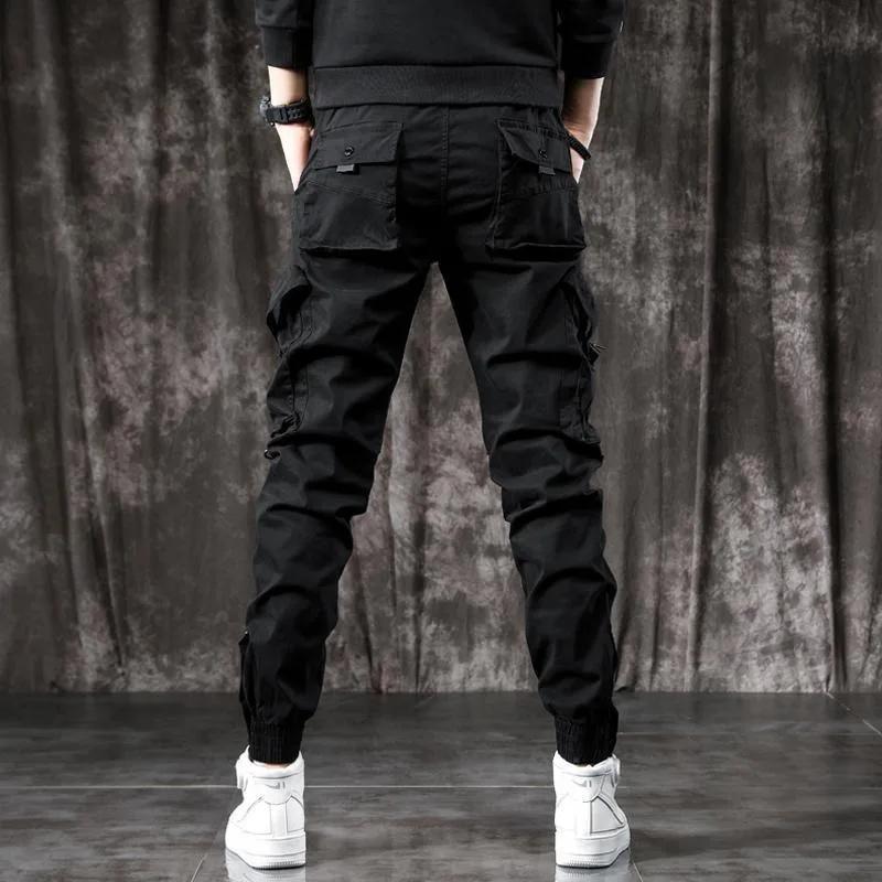 Trendy Men's Spring Autumn Cargo Pants Slim Fit Casual Style Loose Fit American Style Multiple Pocket Small Foot Pants Black