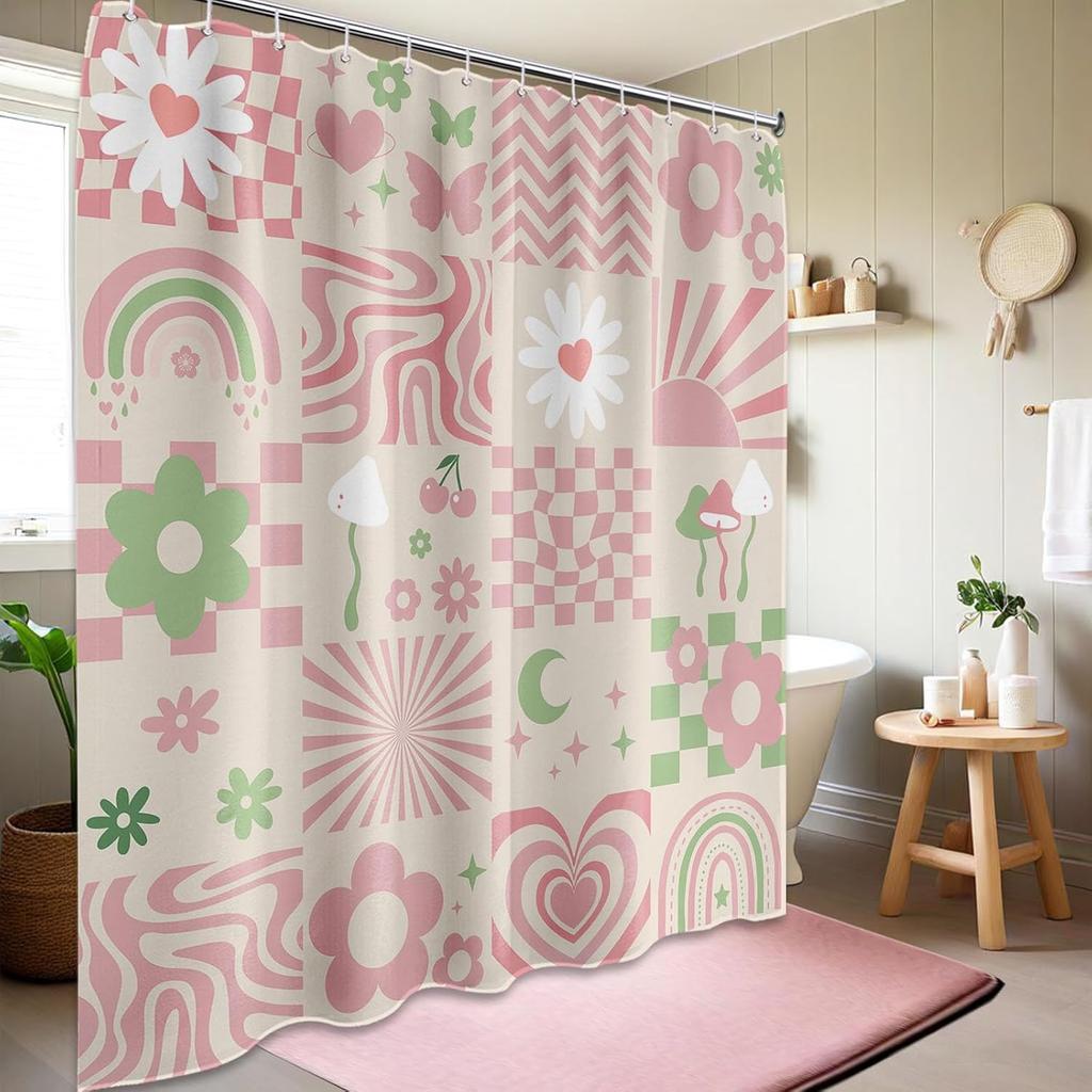 Retro Shower Curtain Cute Pink Y2k Groovy Girls Floral Bathroom Decor, Waterproof Cloth Fabric with Hooks