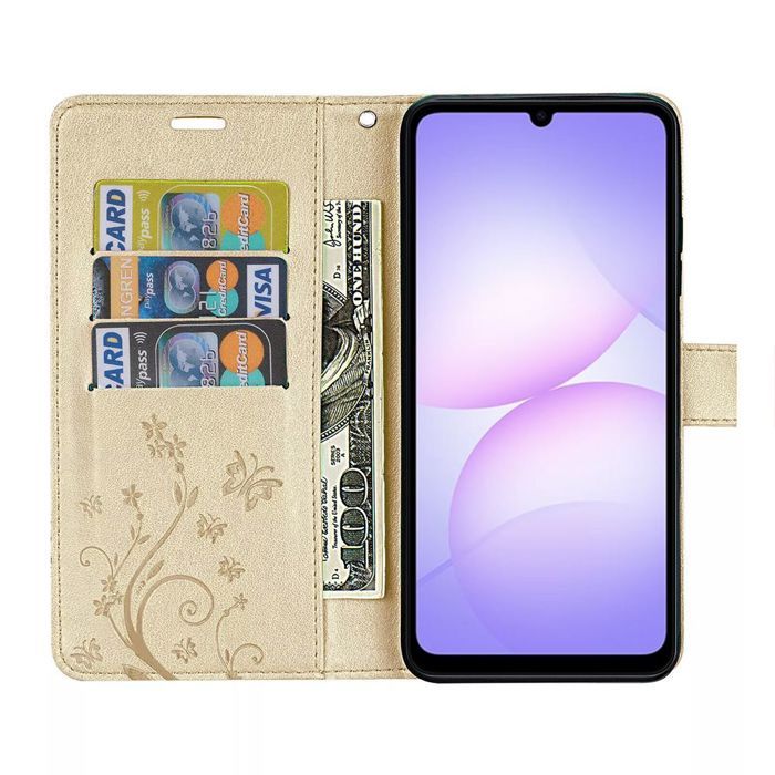 Protective Case - BOOLING - Samsung Galaxy A07 - Synthetic Gold Leather Plant Pattern - 2 Glasses
