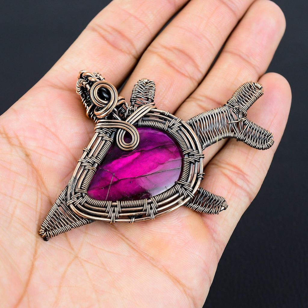Amazing Pink Flash Labradorite Gemstone Handmade Pure Copper Wire Wrapped Fish Pendant Jewelry
