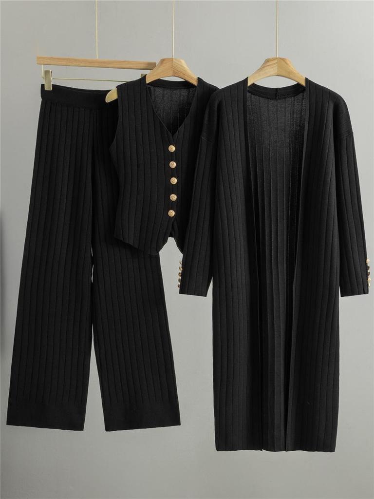 2026 Spring/Fall Elegant Knit Three-Piece Set: Long Cardigan Coat, Single-Breasted Vest, Wide-Leg Pants