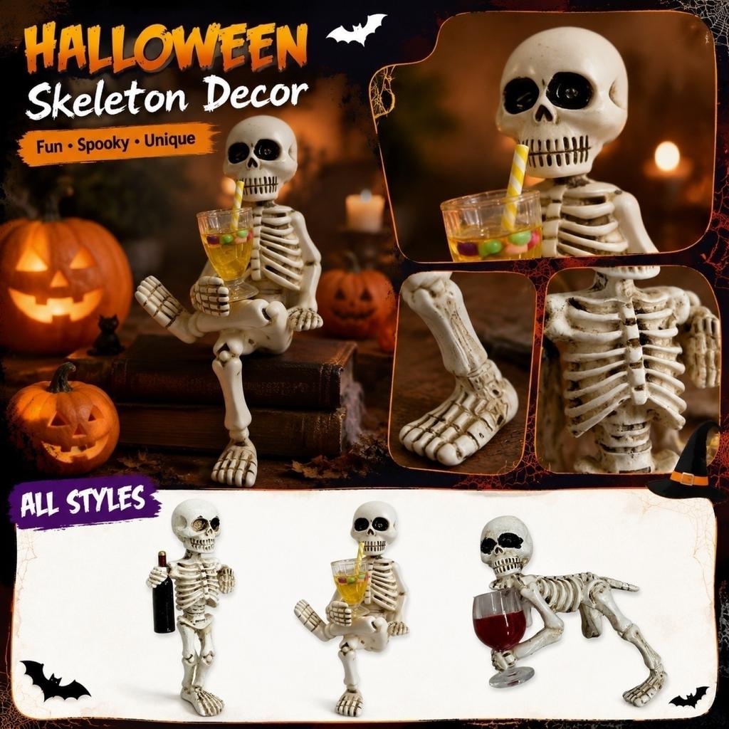 Skeleton Figurine Tabletop Decoration with Bottle Holder for Home Office Party Event Desktop Ornament Halloween Theme