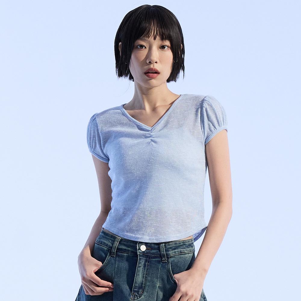Moa V-Neck Knit Top (Sky Blue) Sky Blue/Free
