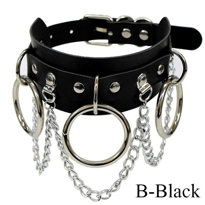 Women'S Fashion Punk Street Snap Nightclub Pu Leather Choker Metal Ring Chain Necklace Collar Rivets Goth Belt Adjustable Buckle Neck Accessories