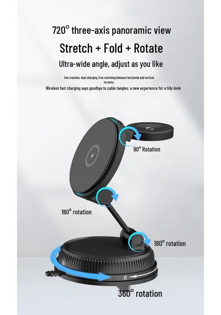 15W Magnetic Wireless Car Charger & Foldable Phone Holder with Suction Cup for Apple Devices