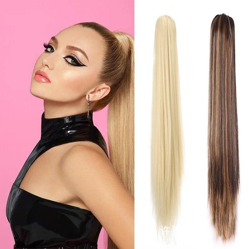 Synthetische Pferdeschwanz-Haarverlängerungen, lange, gerade Klaue, Clip-in/on-Pferdeschwanz für Frauen, tägliche Party, 55,9 cm, hitzebeständiges Kunsthaar
