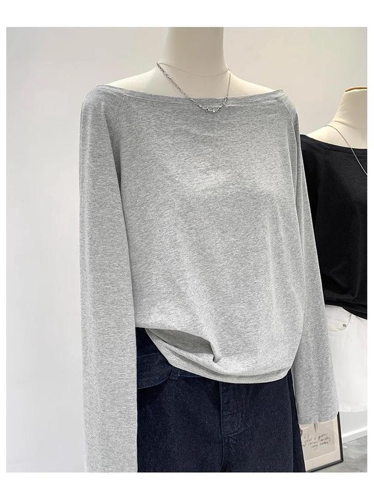 Women's Off-Shoulder Long-Sleeve Black Top - Autumn/Winter Loose Fit T-Shirt