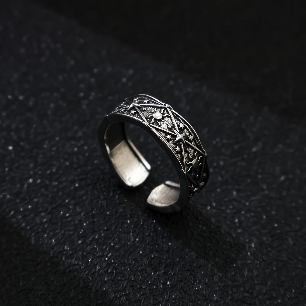 Retro Sun&Stars Adjustable Open Ring For Men Women Gothic Punk Edgy Silver-plated Copper  Unisex Accessories Lovers Gift