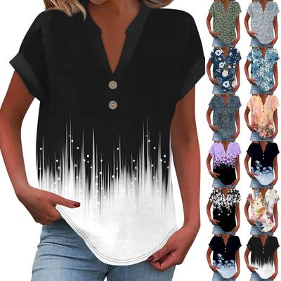 Women's Fashion Casual Printed V-Neck Short Sleeve Button Down Shirt T-Shirt Top
