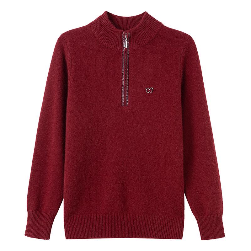 Women's Pure Wool Half-Zip Sweater - Stylish Winter Base Layer for Middle-Aged and Elderly