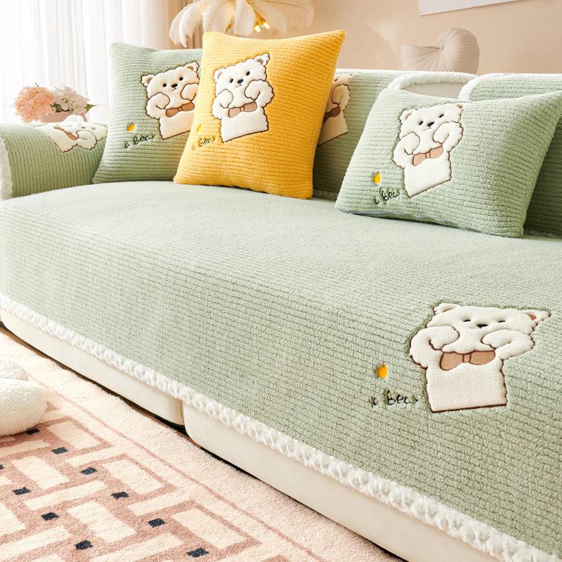 Lamb Plush Cartoon Sofa Cushion Winter Thickened Warm Cushion Non-Slip Universal Living Room Sofa Cover Armrest Backrest Towels