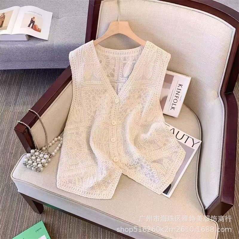 Foreign-style versatile hook flower hollow vest women's summer new V-neck high-end sleeveless stacked loose top