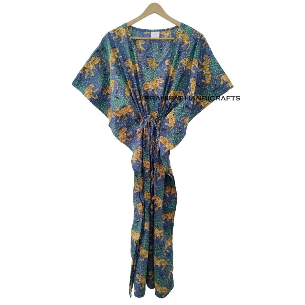 Blaues Bagheera-Kaftan-Kleid mit Tiger-Print für Damen, Hippie-Baumwolle, Maxi-Strandüberzug, CKFTN-SCRN-FULL-BUYIT-150