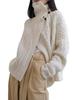 Women's European Style Thick Wool Chunky Knit Cardigan with Big Lapel and High Neck Sweater.