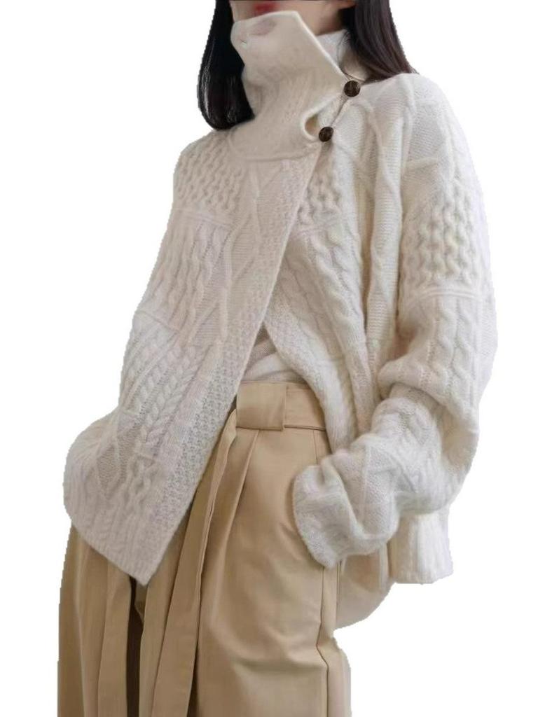 Women's European Style Thick Wool Chunky Knit Cardigan with Big Lapel and High Neck Sweater.