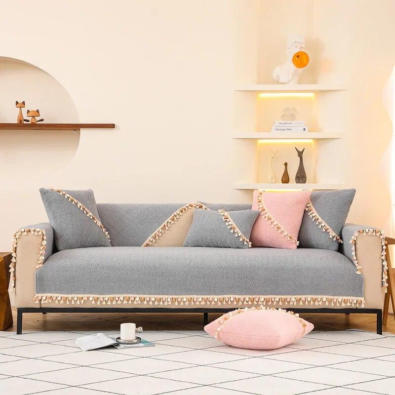 Autumn And Winter Velvet Sofa Cover Tassel Skirt Sofa Cushion Thickened Non-Slip Living Room Sofa Cushion Towel Armrest Cover