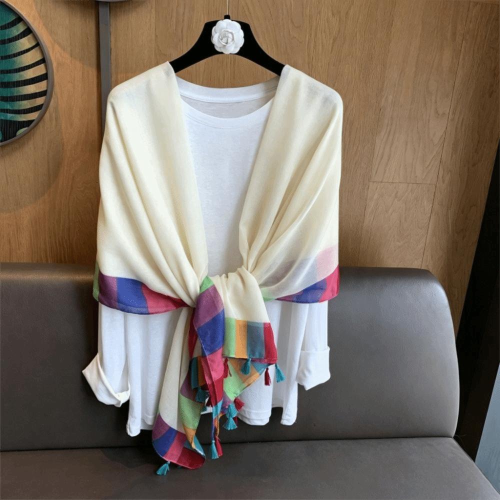 Soft Draped Gauze Shawl Rainbow Border Beach Scarf New Tassel Shawl Women Fashion