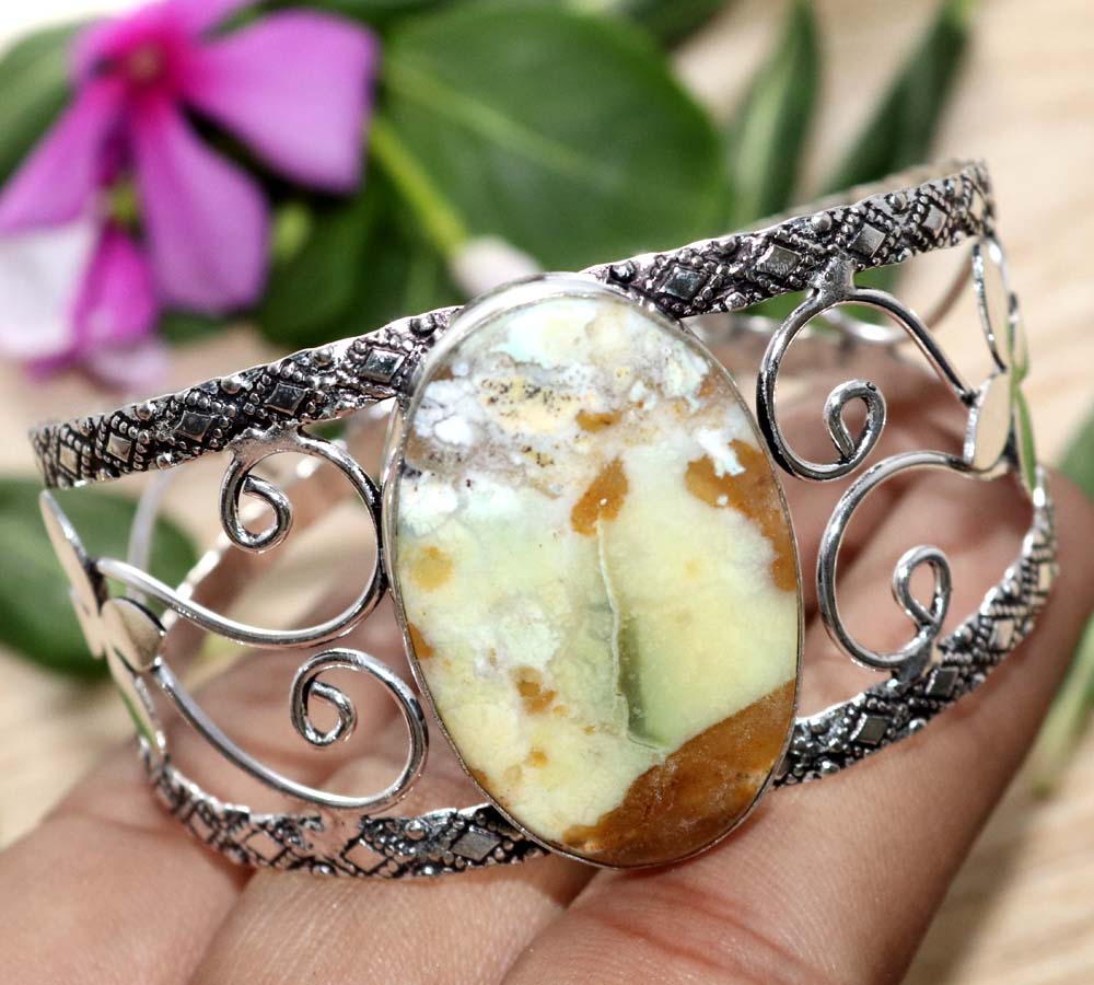 Huge Australian Green Opal 925 Silver Plated Bangle 6.5" Artist Made Jewelry t6C12
